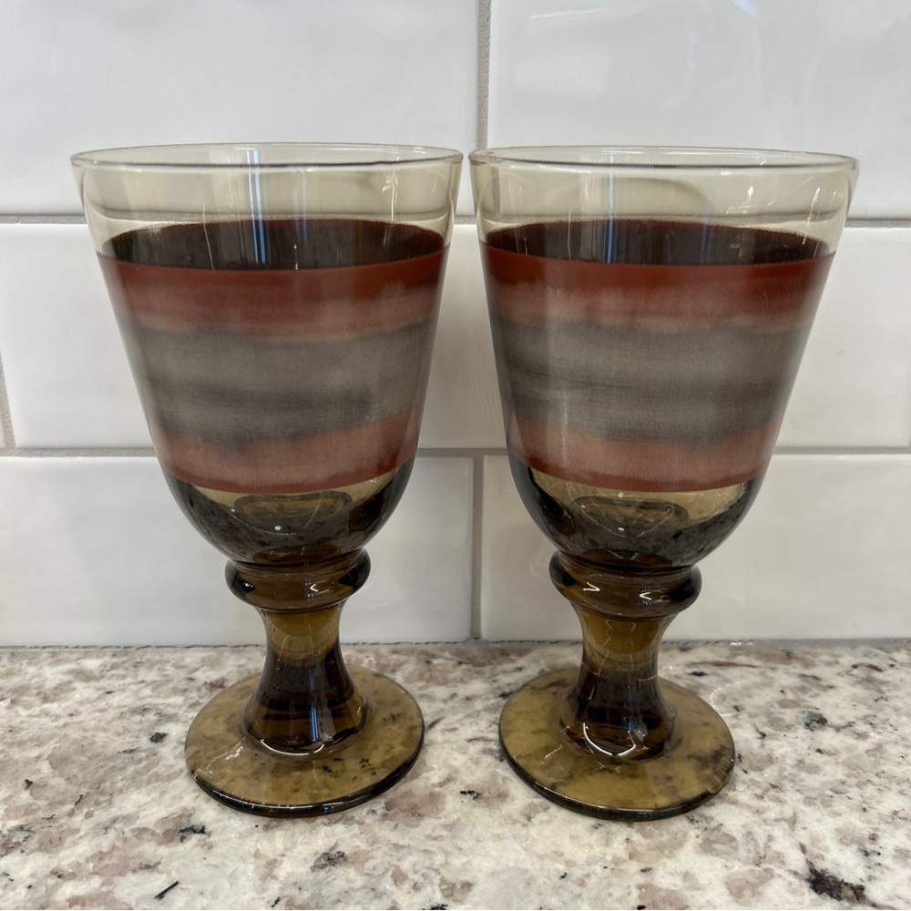 2 Libbey Sango Nova Brown Stem 7" Wine Water Drink Goblet Glass Set Vintage